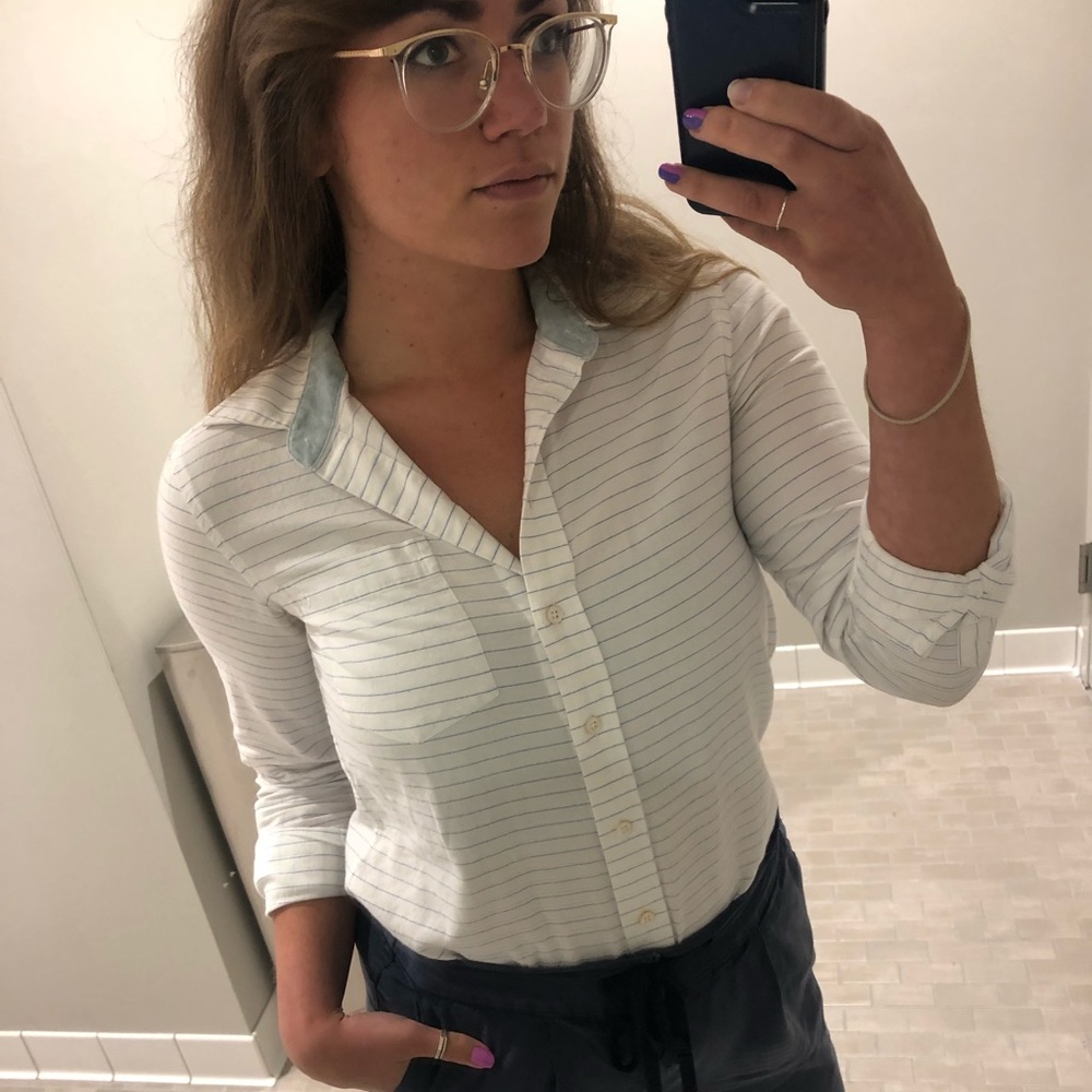 White and blue stripped button up